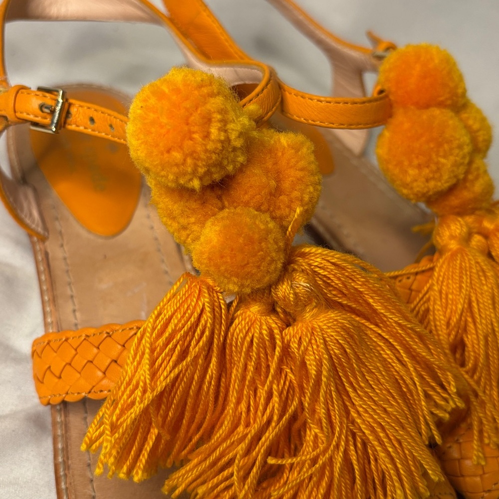 Kate Spade Pom Pom Tassel Flat Leather Sandals Orange Size 10 - Picture 3 of 7